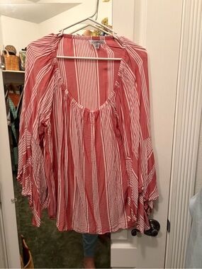 Crinkle Stripe Peasant Blouse - Rose Red